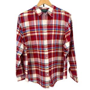 Lauren Ralph Lauren Silk Red Plaid Button Down Shirt Blouse size 1X Long Sleeve
